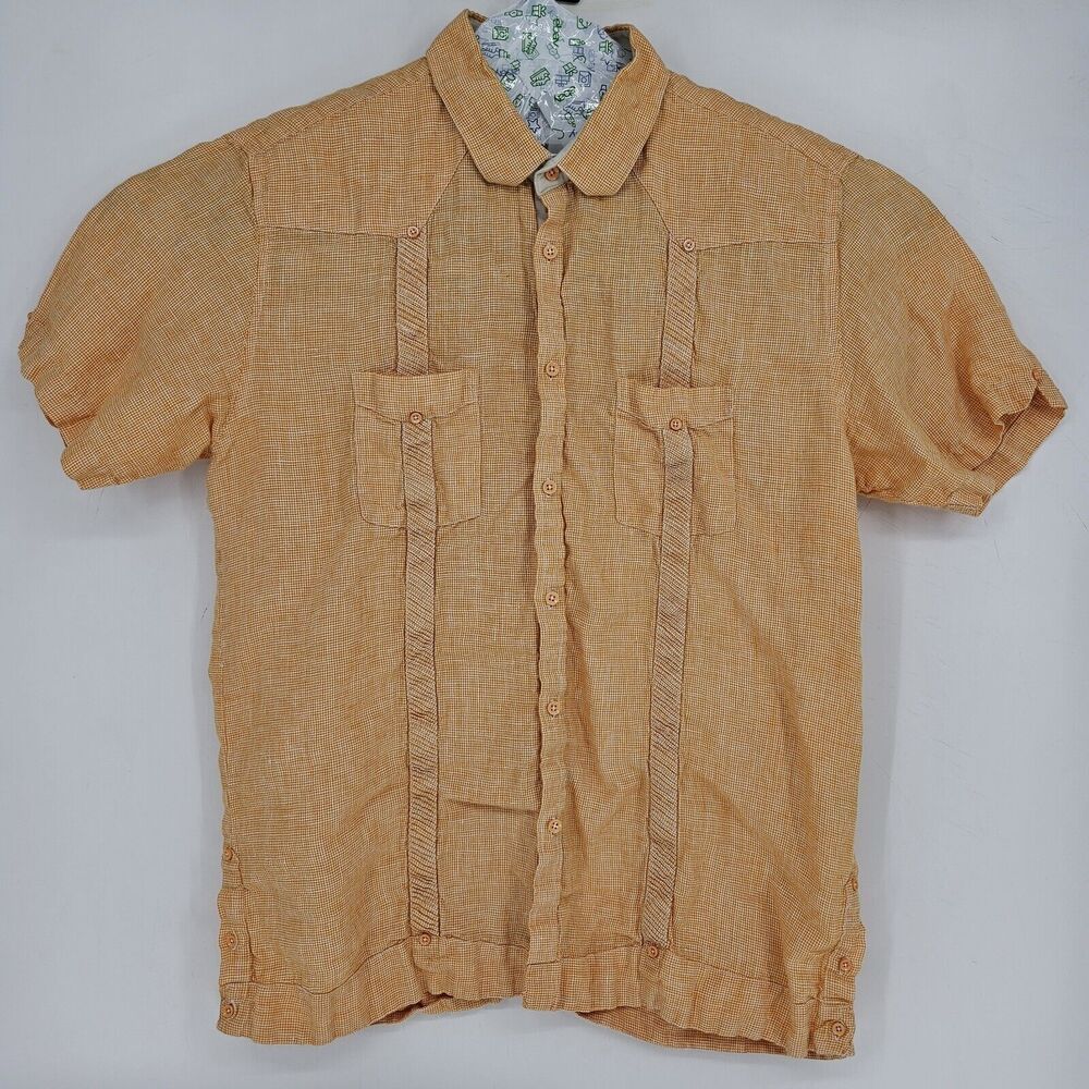 Bohio Guayabera Shirt Mens 1X Linen Orange White Button Up Short Sleeve Big‎